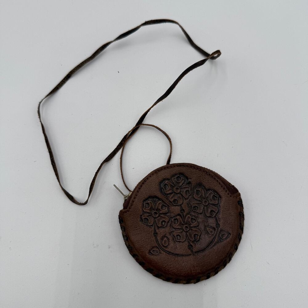 Vintage Hand Tooled Leather Round Coin Purse Boho Floral Pouch Long Strap ASTRO